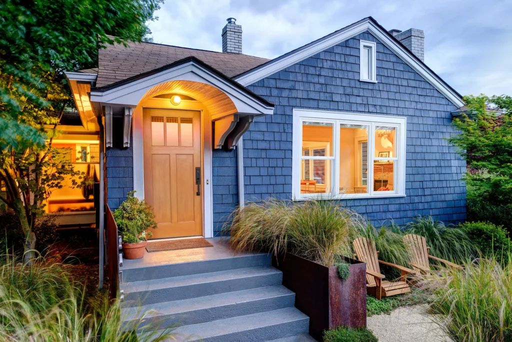 Charming blue house with inviting entrance | Chicago Window Girl